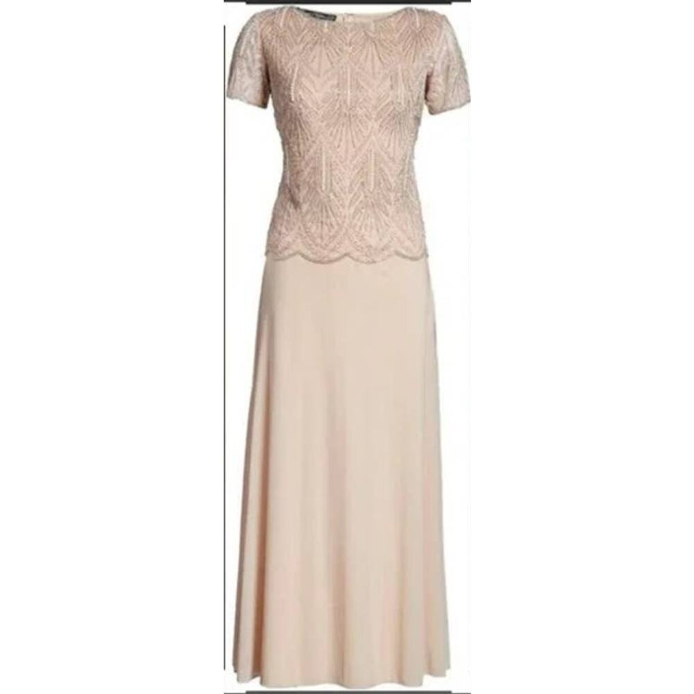 Pisarro Nights Beaded Bodice Chiffon Gown Size 4 Blush NWT Short Sleeve Formal